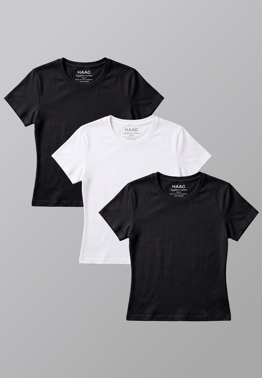 Kit 3 - Camiseta Feminina Algodão Egípcio - Babylook - Gola Redonda - 2Preta/1Branca