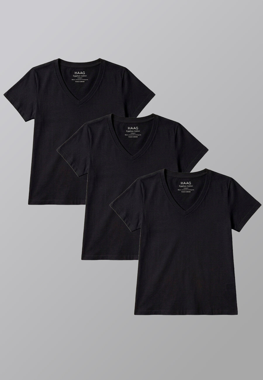 KIT3 - Camiseta Feminina Algodão Egípcio - Modelagem Regular - Gola V - Preta