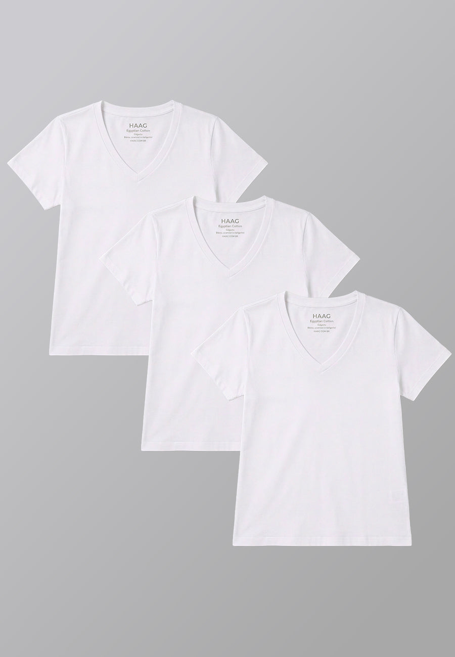 KIT3 - Camiseta Feminina Algodão Egípcio - Modelagem Regular - Gola V - Branca