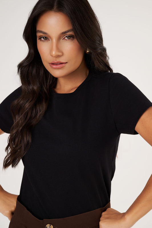Camiseta Feminina Algodão Egípcio - Babylook - Gola Redonda - Preta | Haag