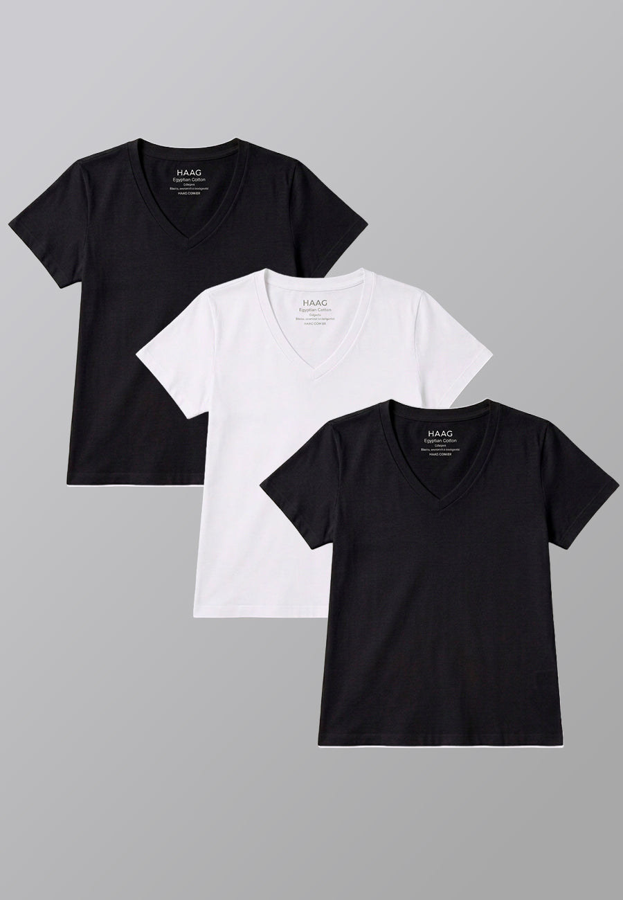 KIT3 - Camiseta Feminina Algodão Egípcio - Modelagem Regular - Gola V - 2Preta/1Branca