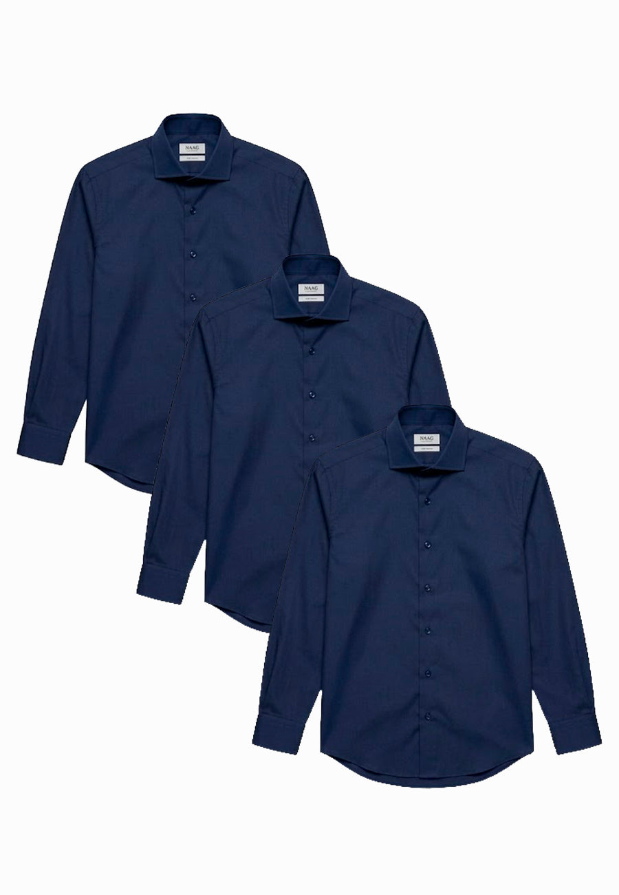 Kit 3 - Camisa Passa Fácil Manga Longa - Azul Marinho