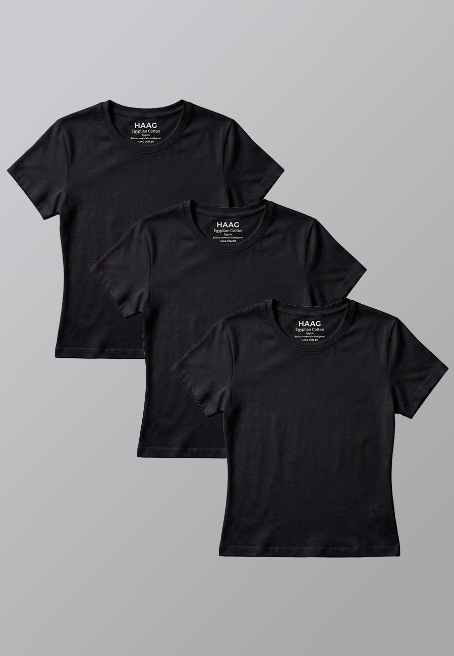 Kit 3 - Camiseta Feminina Algodão Egípcio - Babylook - Gola Redonda - Preta