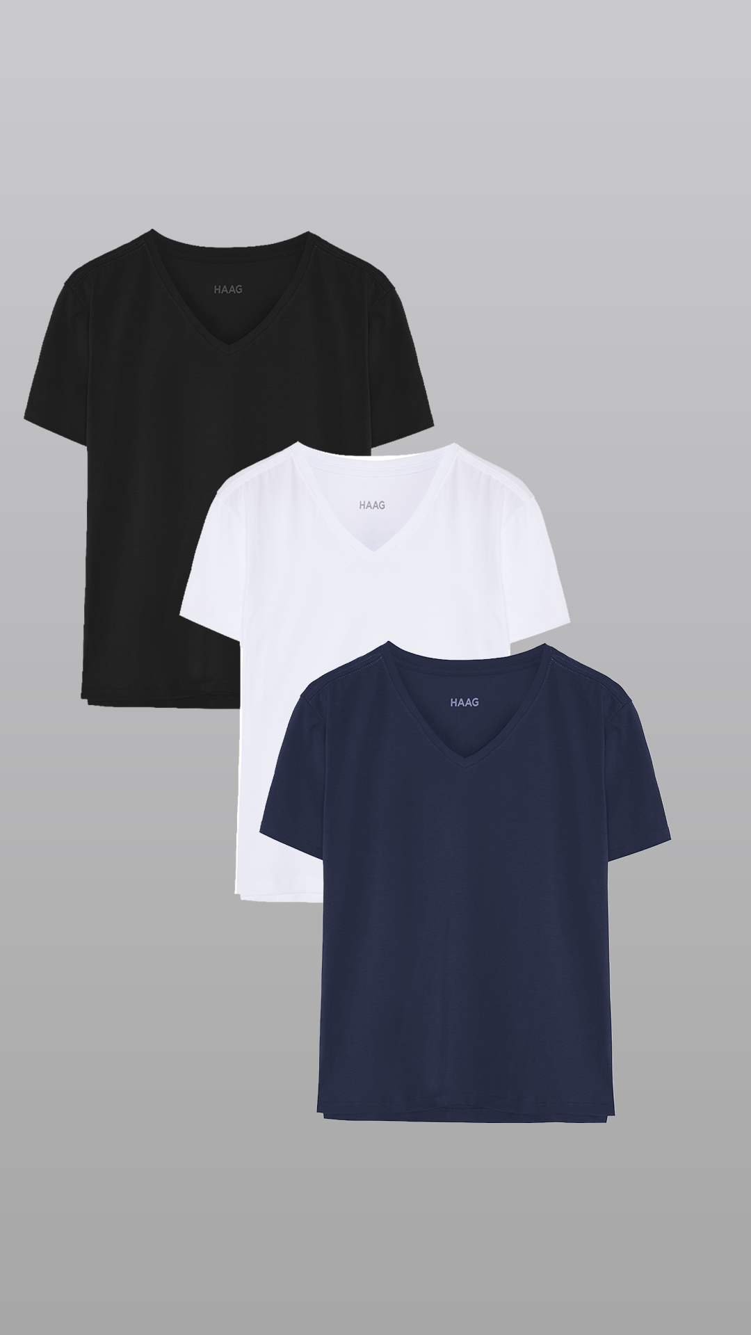 KIT3 - Camiseta Feminina Algodão Egípcio - Modelagem Regular - Gola V - Preta/Branca/Marinho