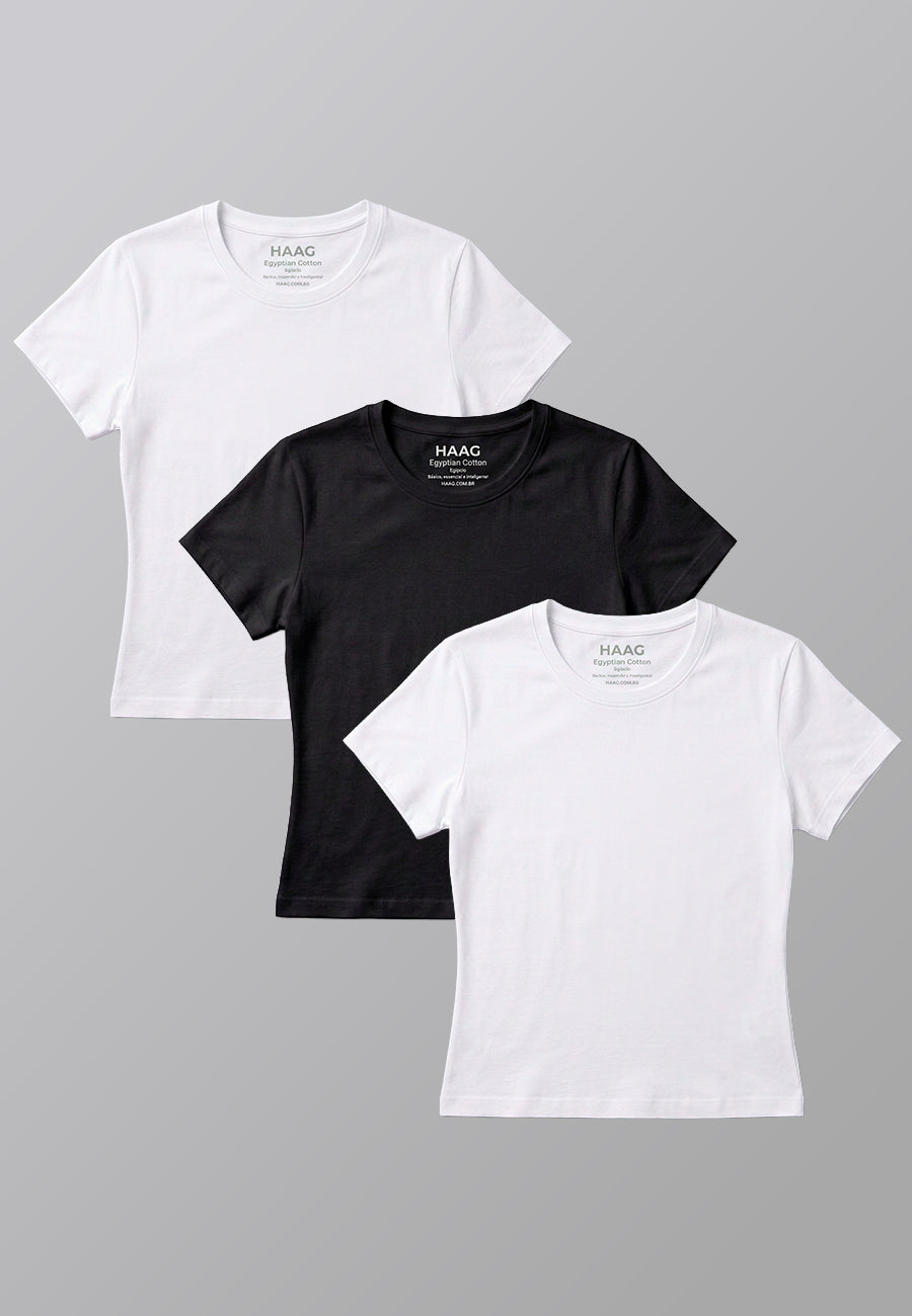 Kit 3 - Camiseta Feminina Algodão Egípcio - Babylook - Gola Redonda - 2Branca/1Preta
