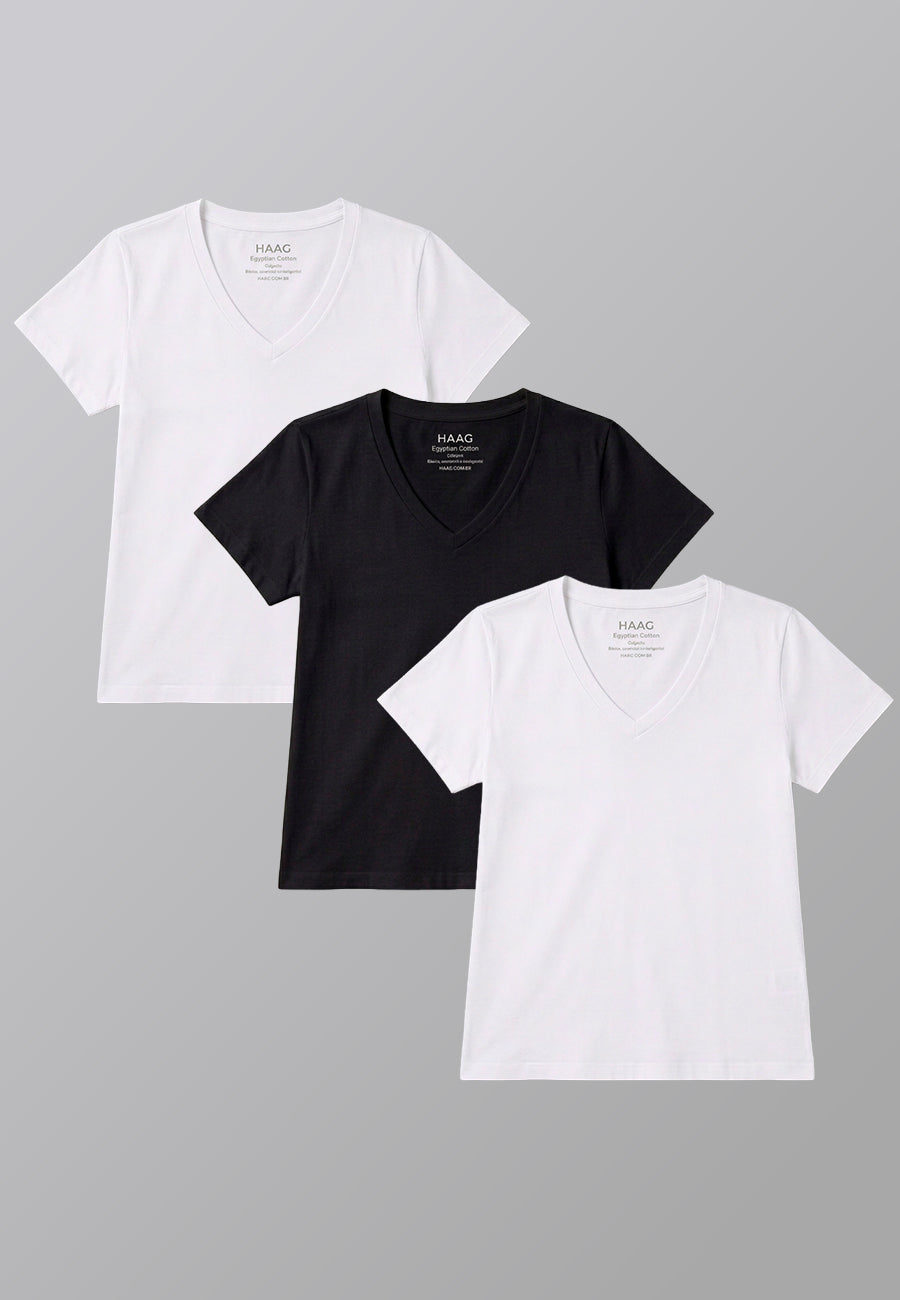 KIT3 - Camiseta Feminina Algodão Egípcio - Modelagem Regular - Gola V - 2Branca/1Preta