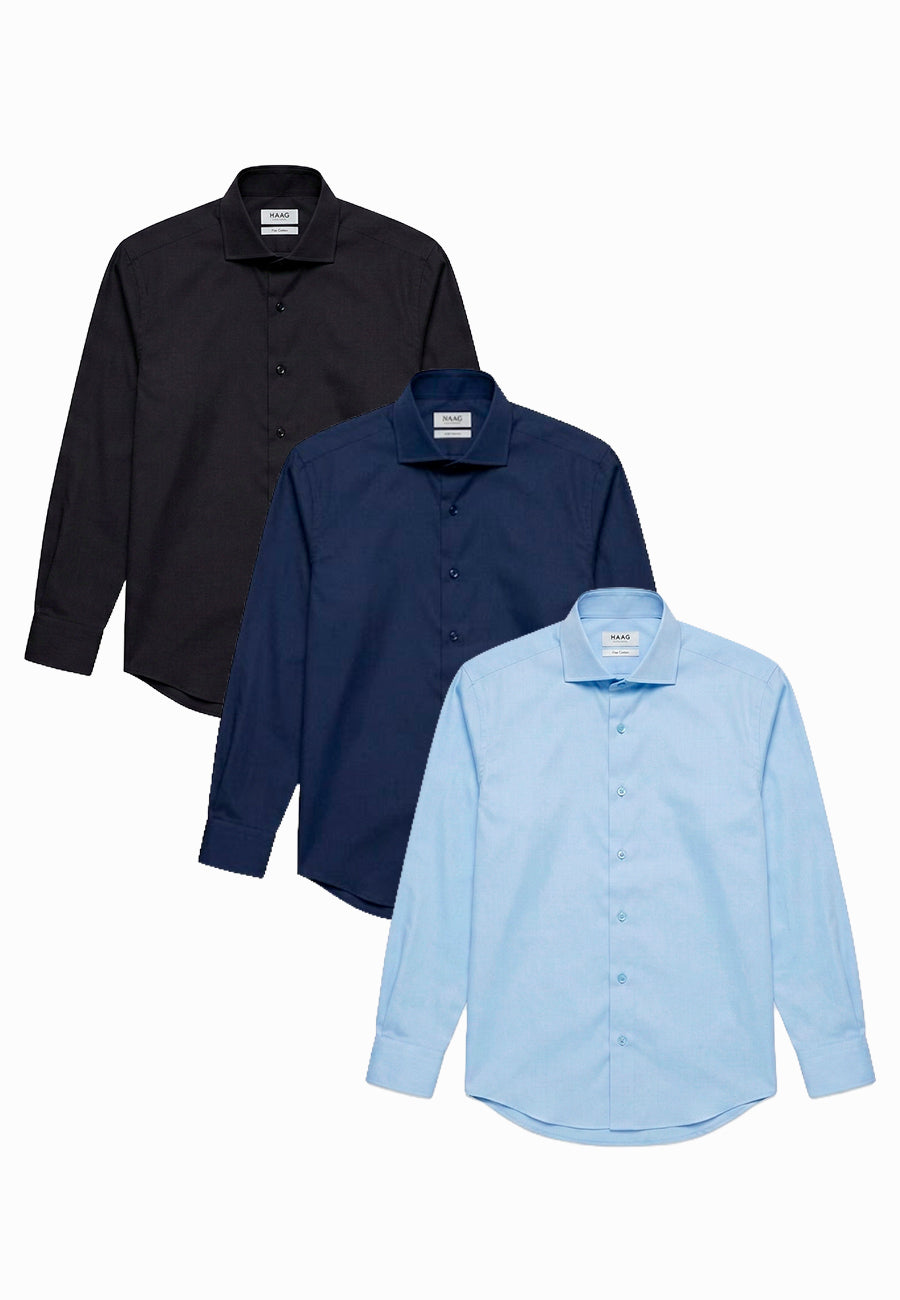 Kit 3 - Camisa Passa Fácil Manga Longa - Preta/Marinho/AzulClaro