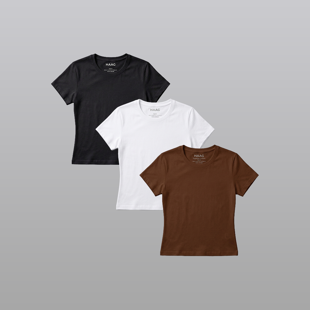 Kit 3 - Camiseta Feminina Algodão Egípcio - Babylook - Gola Redonda - Preta/Branca/Marrom