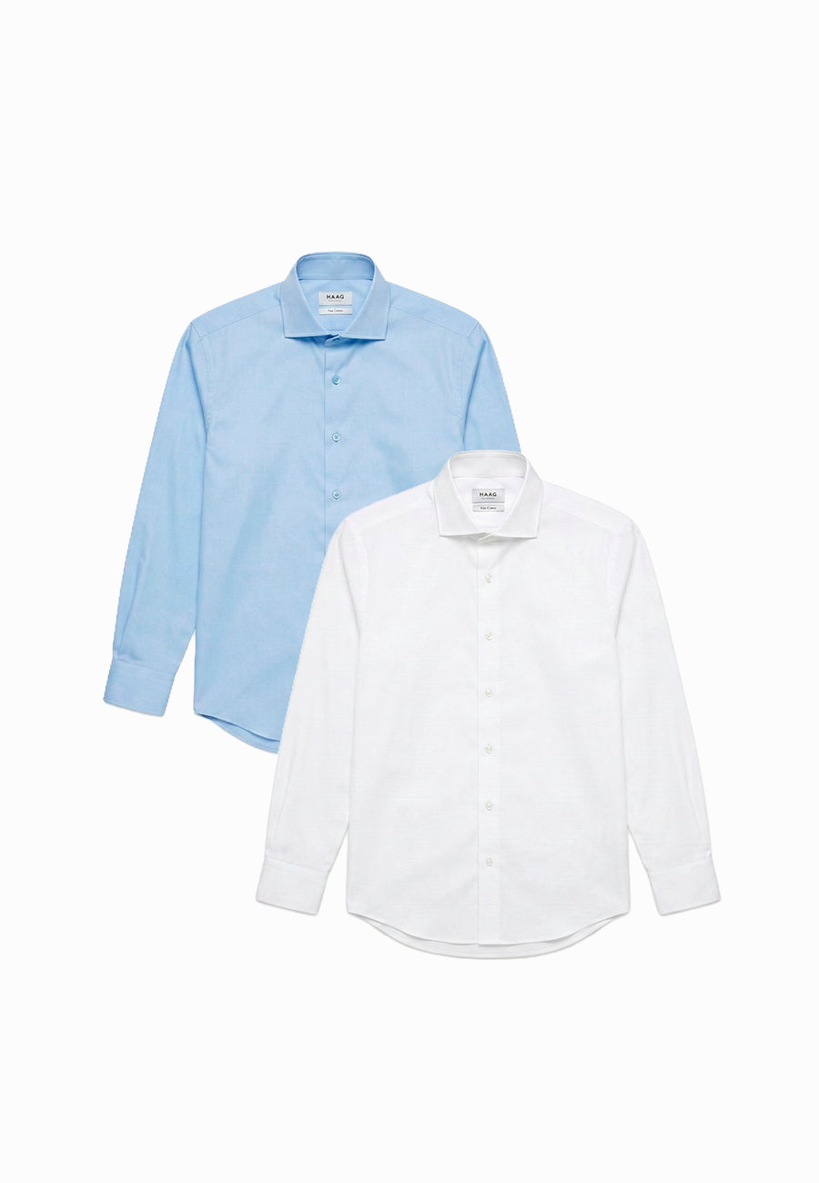 Kit 2 - Camisa Passa Fácil Manga Longa - Branca/Azul Claro