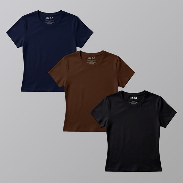 Kit 3 - Camiseta Feminina Algodão Egípcio - Babylook - Gola Redonda - Azul Marinho/Marrom/Preta