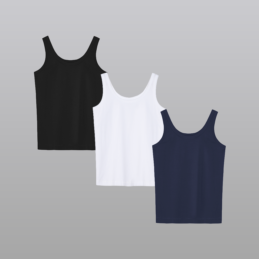 KIT3 - Regata Feminina Algodão Egípcio-Gola Redonda - Preta/Branca/Marinho