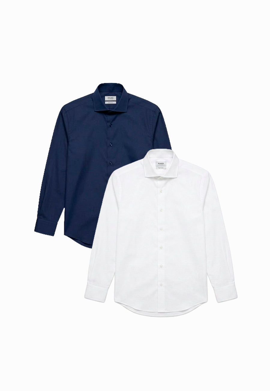 Kit 2 - Camisa Passa Fácil Manga Longa - Branca/Marinho