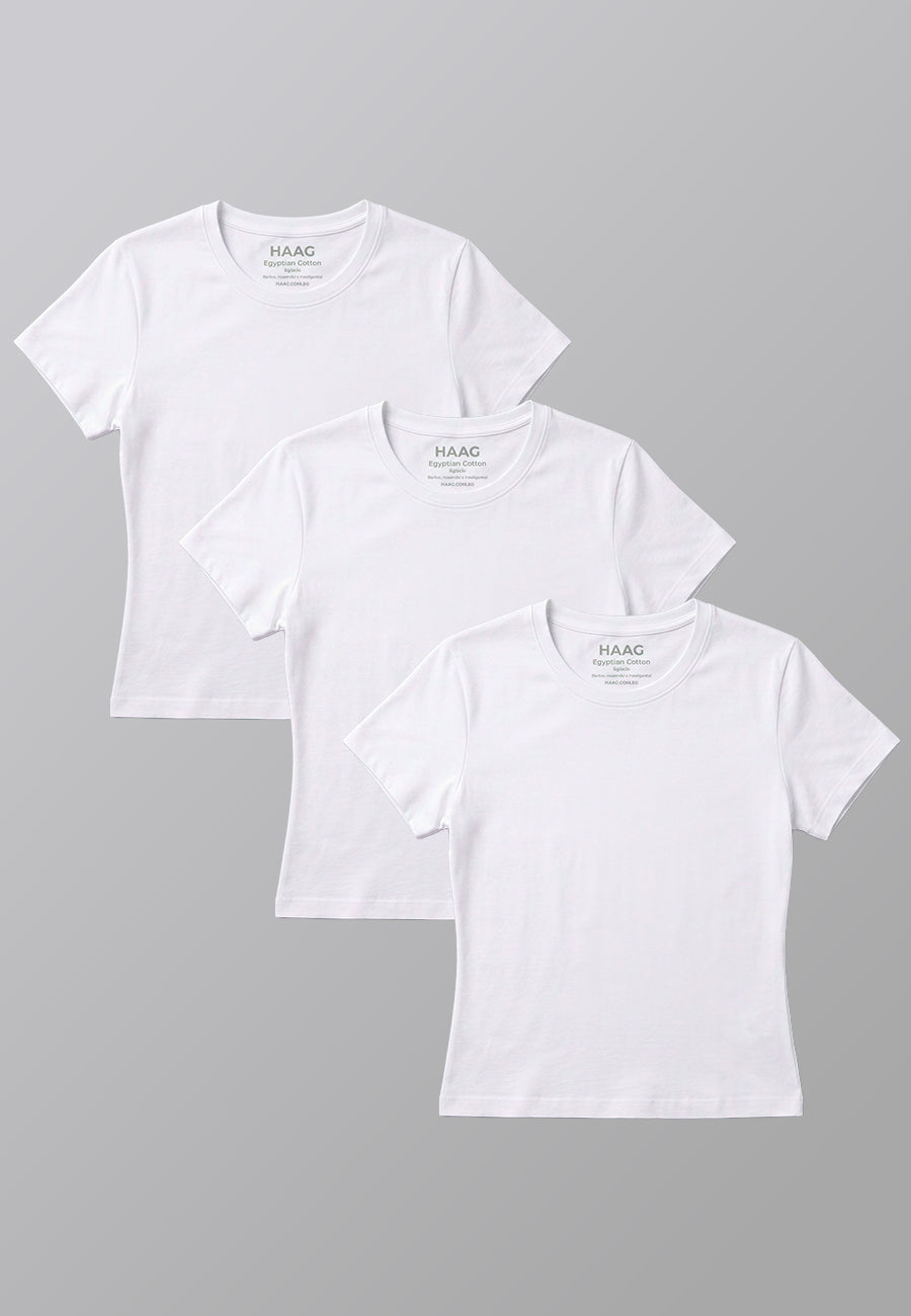 Kit 3 - Camiseta Feminina Algodão Egípcio - Babylook - Gola Redonda - Branca