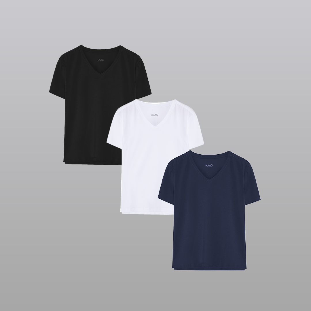 KIT3 - Camiseta Feminina Algodão Egípcio - Modelagem Regular - Gola V - Preta/Branca/Marinho