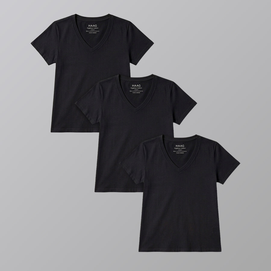 KIT3 - Camiseta Feminina Algodão Egípcio - Modelagem Regular - Gola V - Preta