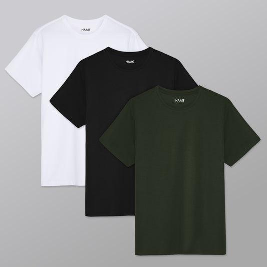 Kit 3 - Camiseta Algodão Egípcio - Branca/Preta/Verde