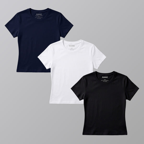 Kit 3 - Camiseta Feminina Algodão Egípcio - Babylook - Gola Redonda - Preta/Branca/Azul Marinho