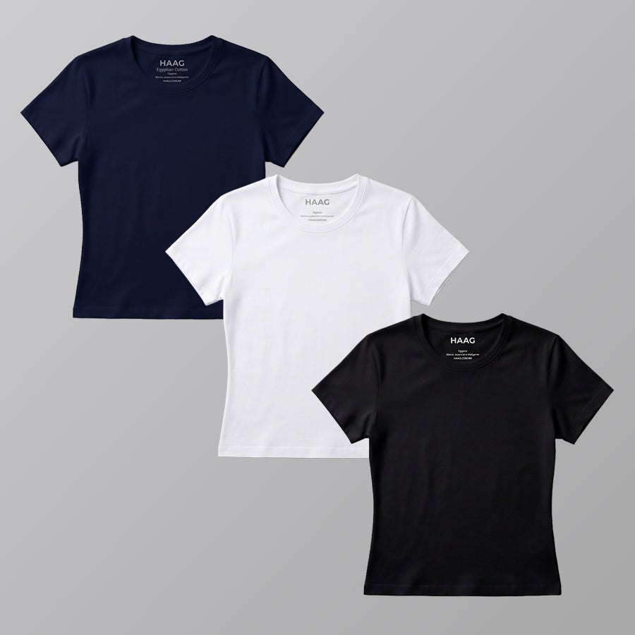 Kit 3 - Camiseta Feminina Algodão Egípcio - Babylook - Gola Redonda - Preta/Branca/Azul Marinho