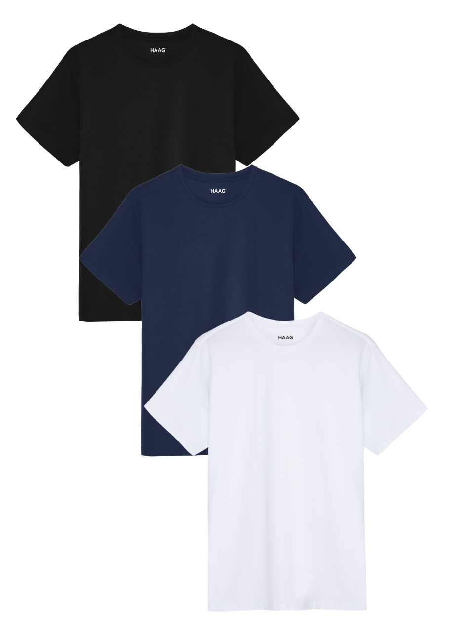 Kit 3 - Camiseta Algodão Egípcio - Branca/Preta/Azul Marinho