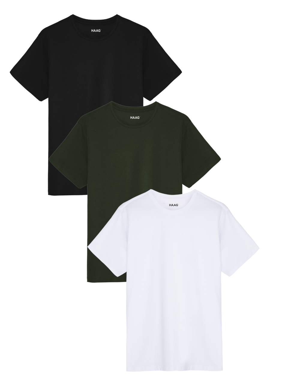 Kit 3 - Camiseta Algodão Egípcio - Branca/Preta/Verde