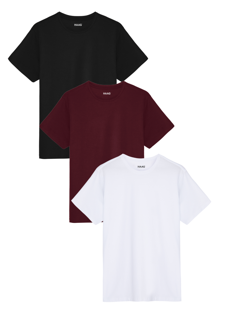 Kit 3 - Camiseta Algodão Egípcio - Branca/Preta/Vinho