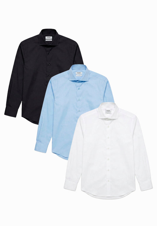 Kit 3 - Camisa Passa Fácil Manga Longa - Branca/Preta/AzulClaro | Haag