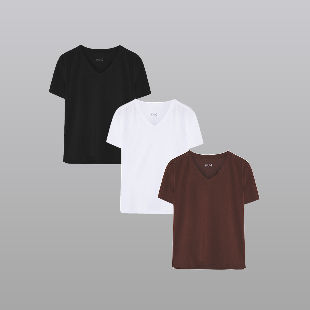 KIT3 - Camiseta Feminina Algodão Egípcio - Modelagem Regular - Gola V - Preta/Branca/Marrom
