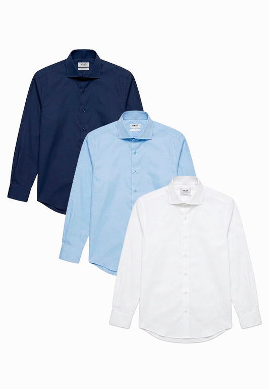 Kit 3 - Camisa Passa Fácil Manga Longa - Branca/Marinho/AzulClaro | Haag