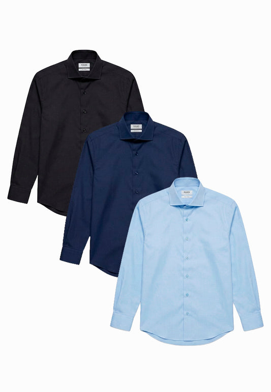 Kit 3 - Camisa Passa Fácil Manga Longa - Preta/Marinho/AzulClaro | Haag