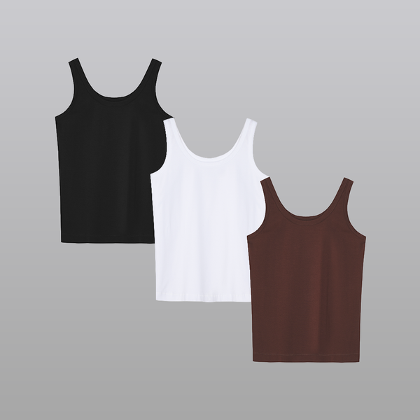 KIT3 - Regata Feminina Algodão Egípcio-Gola Redonda - Preta/Branca/Marrom